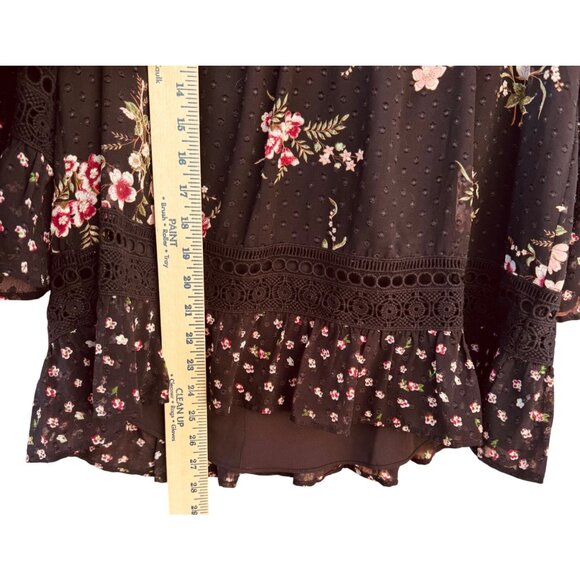 Maeve ANTHROPOLOGIE Small Floral Black Boho Top With Bell Sleeves & Crochet Trim - Picture 10 of 12